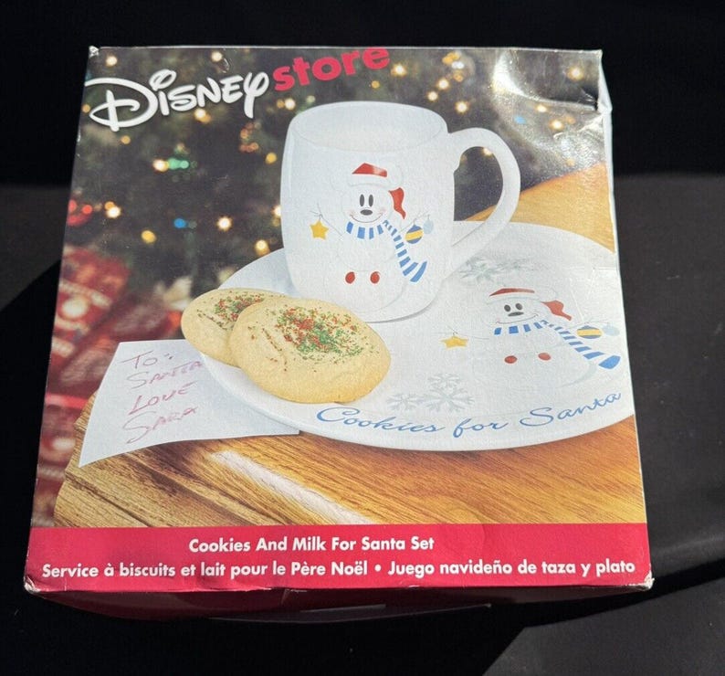 Brand New 1990’s Disney Store Cookies & Milk for Santa Mickey Mouse Plate Mug image 1