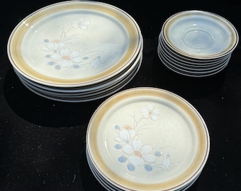 Water Colors Hearthside Dawn 1970's Stoneware Dinnerware set 3 Sizes Plates