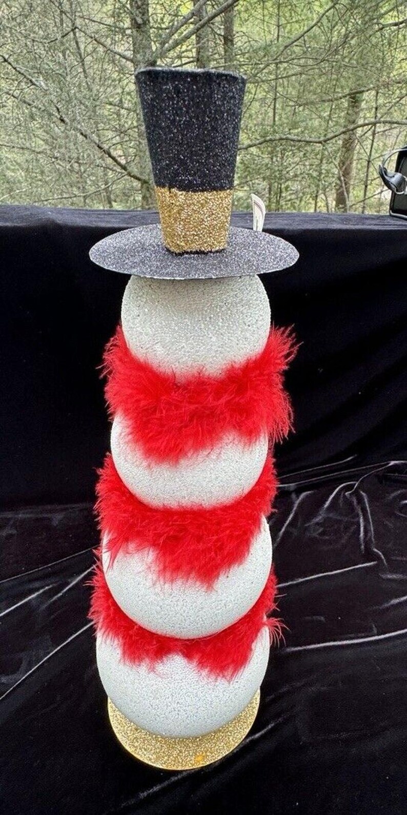 Vintage Stacked Snowman Whimsical Snowmen 3D Noses Boa Feather Scarfs
