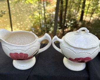 Vintage tres piezas Blue Ridge Southern Pottery Sugar Bowl W/ Lid Creamer -S51