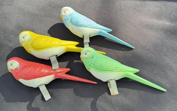 5 Vintage 1950's Ceramic Budgie Parakeets Clip-on Bird Bath Tree