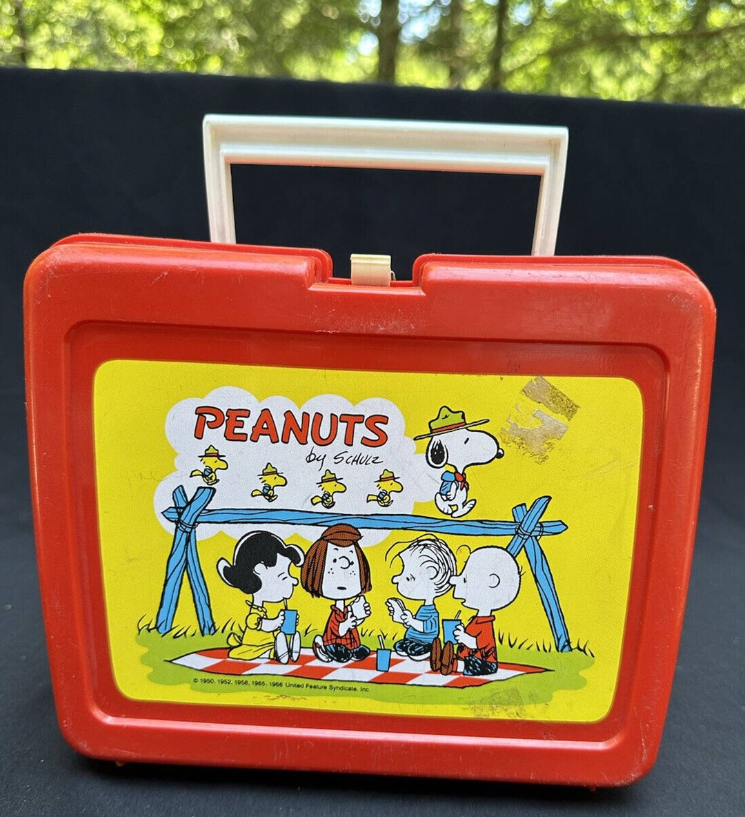 Vintage 1966 Peanuts Lunch Box Thermos Charlie Brown Snoopy Plastic Red