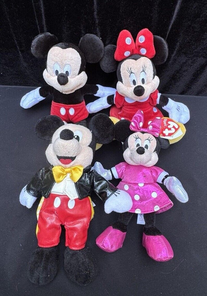 4 Disney Mickey & Minnie Mouse Bowtie Tails Plush Stuffed Animals Red and Pink image 1