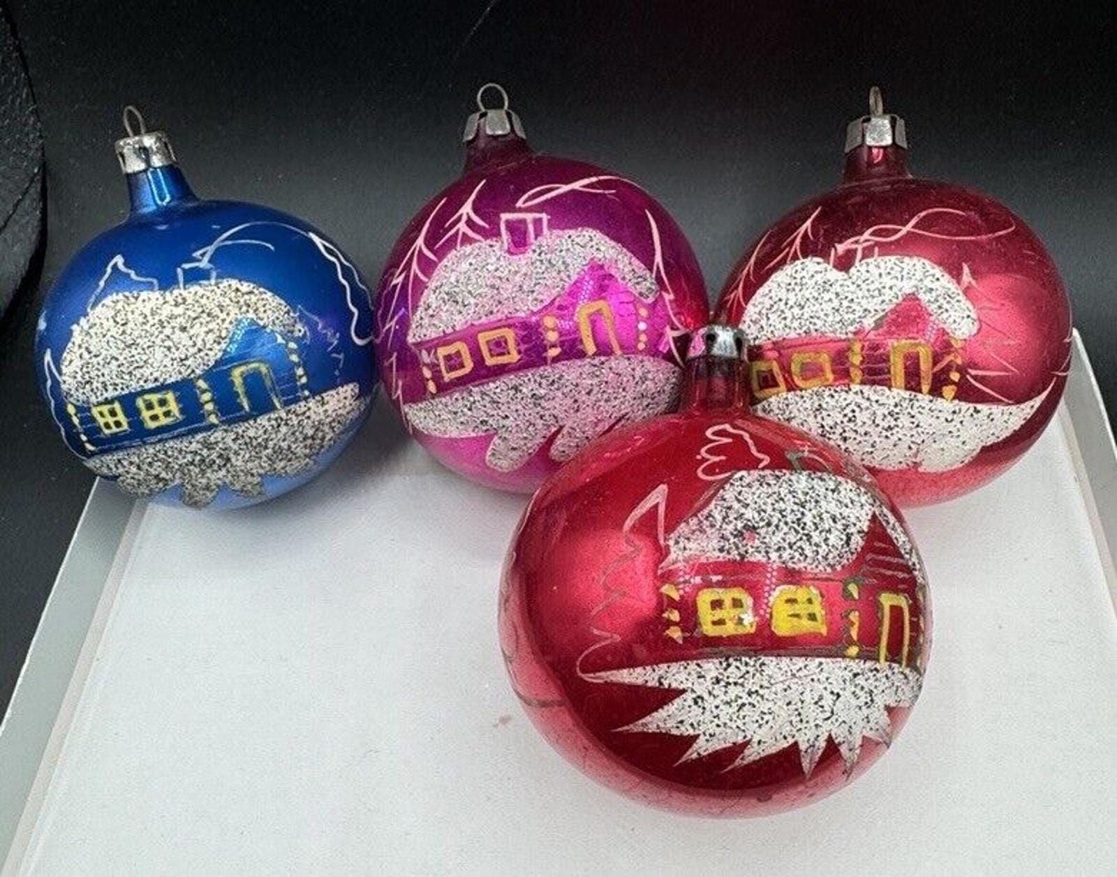 希少な 1930 年代のヴィンテージ クリスマス オーナメント 4 点 手描き