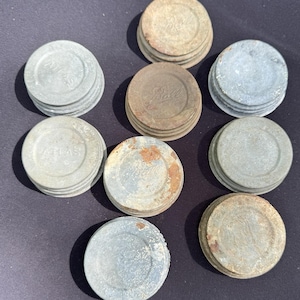 LOT of 10 Vintage Lids, Zinc Screw On Canning Jar Lids White Milk Glass Inserts