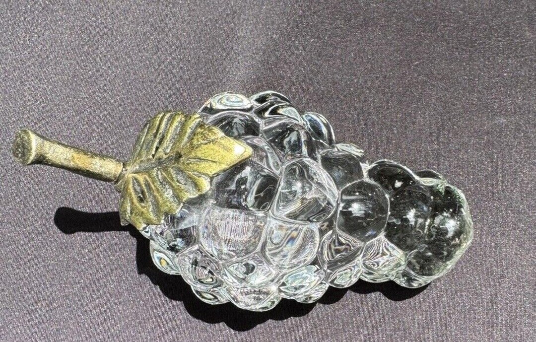 Vintage Heavy Clear Glass Grapes Brass Stem & Leaf Paper Weight ...