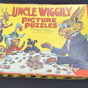 Vintage jaren 40 set van 3 Uncle Wiggily fotopuzzels van Milton Bradley Leuk!