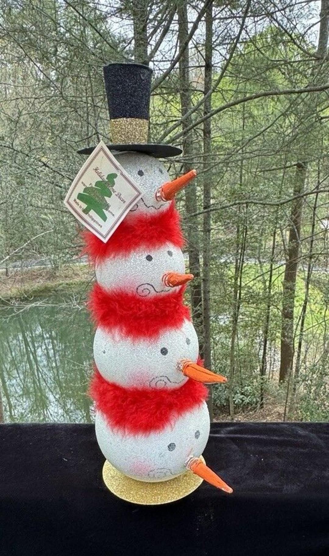 Vintage Stacked Snowman Whimsical Snowmen 3D Noses Boa Feather Scarfs