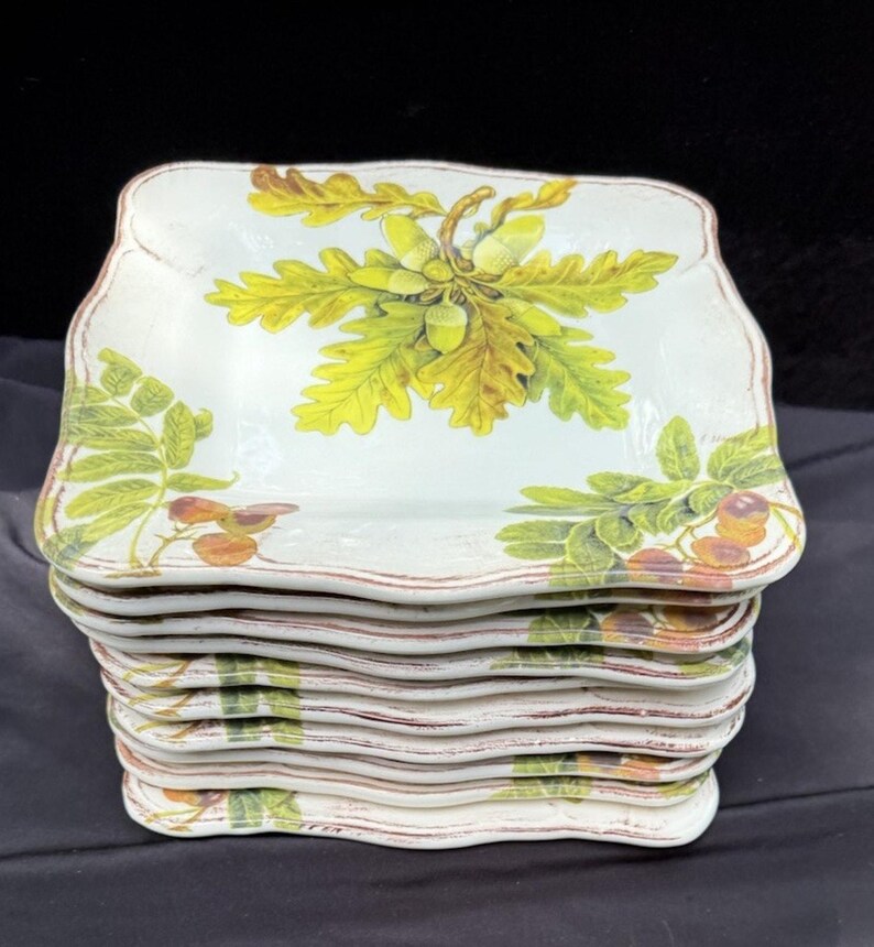 10 Sur La Table Acorn & Fig 9.5" Salad Plates made in Italy Fall Theme Mint! image 3