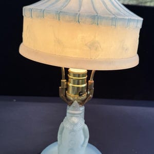 May include: A blue ceramic lamp with a white shade shaped like a circus tent. The base of the lamp is a figurine of a clown holding up the lampshade.