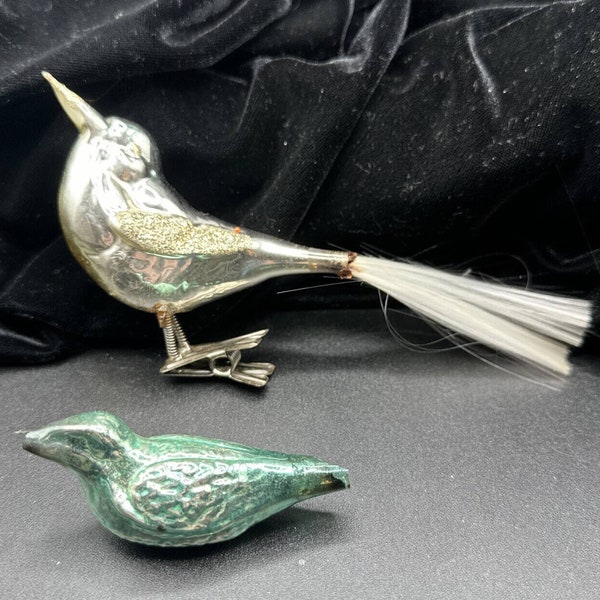 2 Mercury Glass Clip On Bird Christmas Ornaments Spun Tail Antique 5k