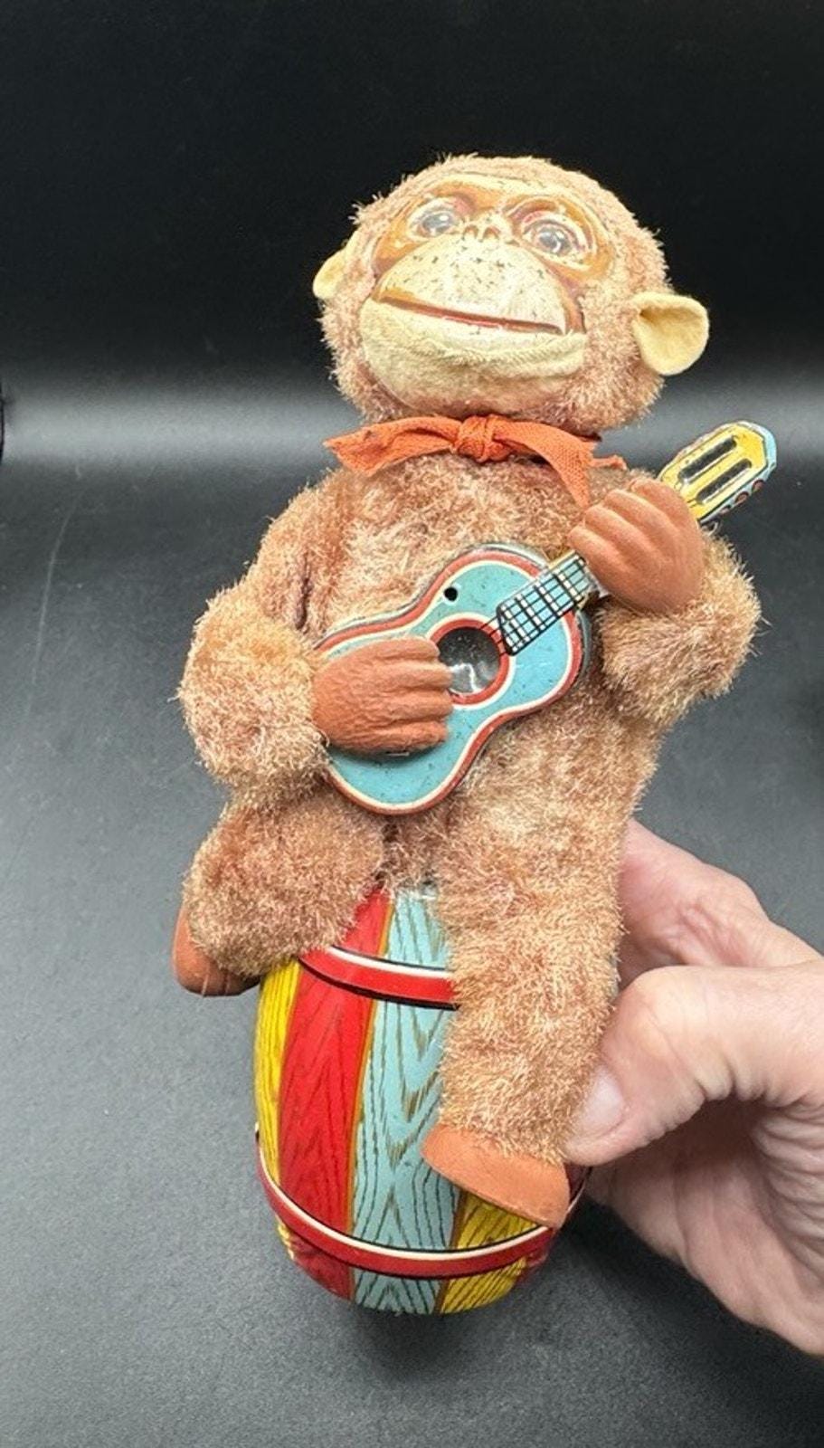 Vtg 1950s Monkey Sitting on Barrel Playing Guitar Japan Works