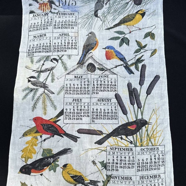 Vintage 100% Linen 1969 Calendar Tea Dish Towel Gene Klebe Birds By Kay Dee S36