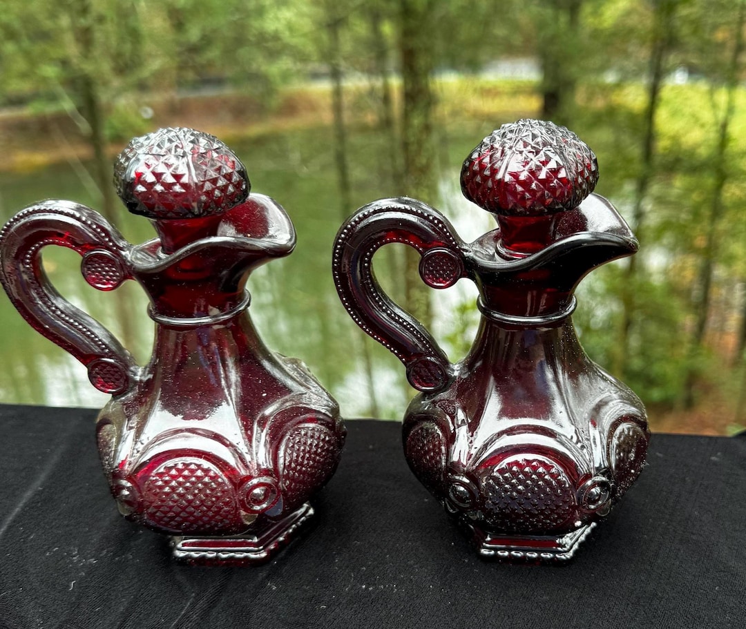 Red 4649 2 Vintage AVON Ruby Red Cape Cod Pattern Ruby Red Glass Oil & Vinegar ...