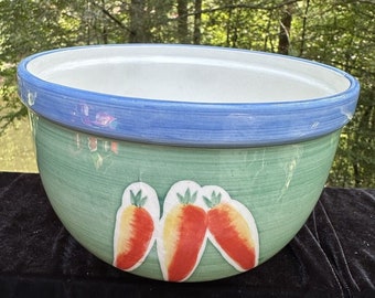 Vintage Lillian Vernon Ceramic Mixing Bowl - Carrot Motif Green Blue Trim -S28