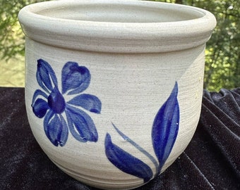 Williamsburg Pottery Crock Planter with Cobalt Blue Flower Small Salt Glaze -S28
