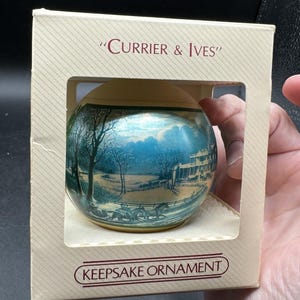 VTG 1984 Hallmark Currier & Ives Glass Ornament In Box Winter Scene