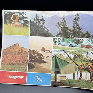 May include: A vintage brochure for Apache campers featuring images of a family enjoying the outdoors, a car driving on a scenic road, a rocky beach, a red rock formation, and a forest. The brochure has the text "Apache" in red and white.