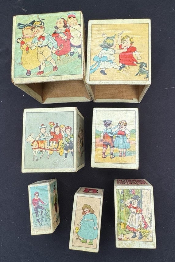 Beautiful 1900s Antique Childrens Nesting Boxes Early Lithograph Made In Germany