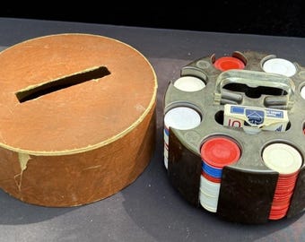 Vtg 1960’s Bakelite Poker Chip Carousel Brown Swirl Caddy Holder Chips & More-S1