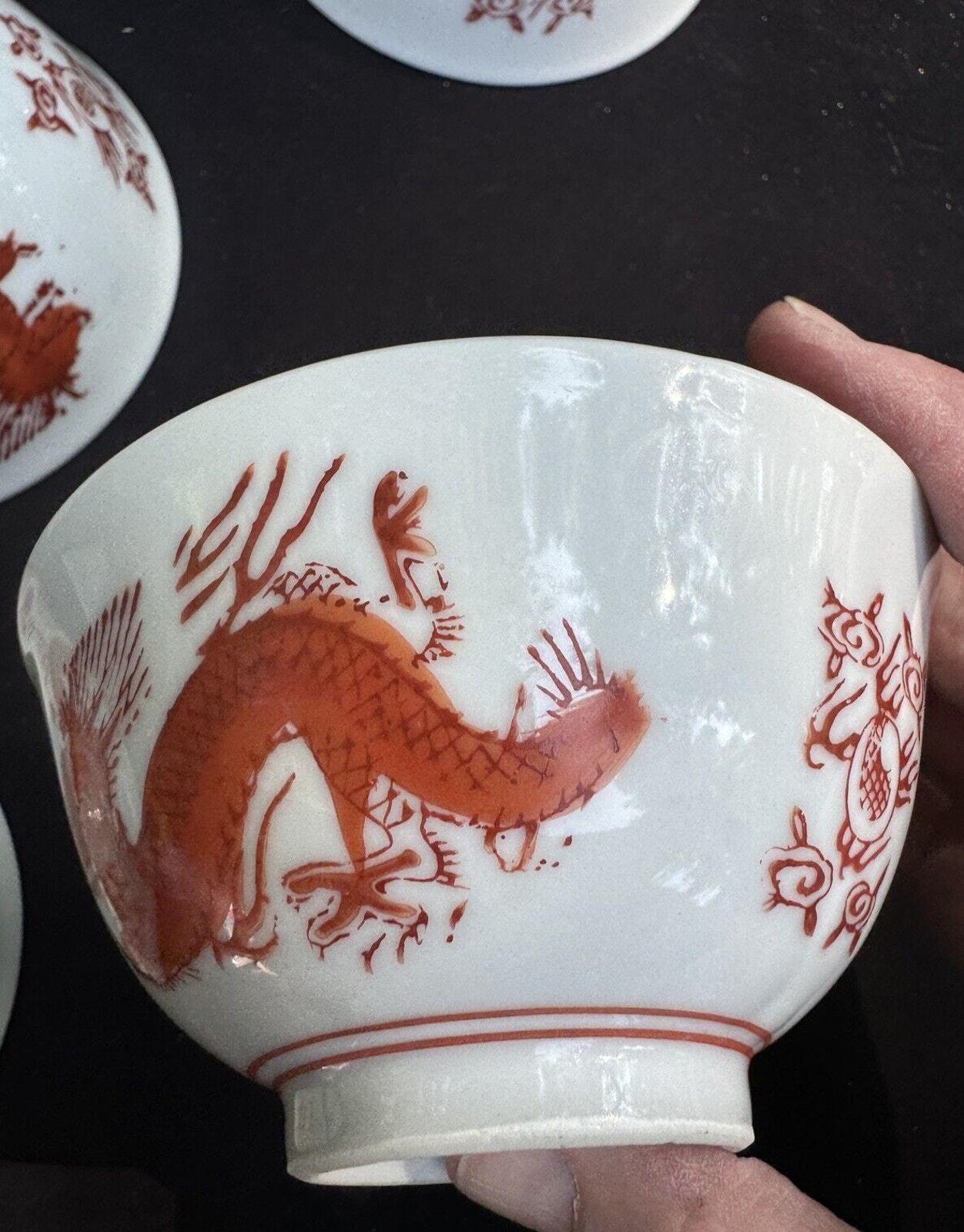 ヴィンテージ中国磁器手描き龍と鳳凰ライスボウル 10 個 新品同様