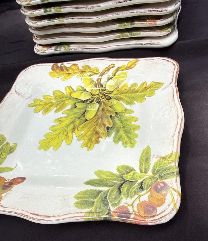 10 Sur La Table Acorn & Fig 9.5" Salad Plates made in Italy Fall Theme Mint! image 13