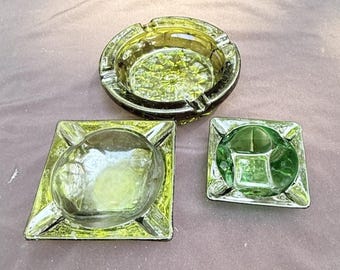 3 Vintage 1960’s Lot Bundle Glass MCM Ashtrays Avocado Green BA