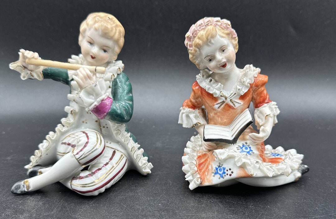 Vintage Wales Porcelain Figurines, Boy and Girl, 1950's Reading