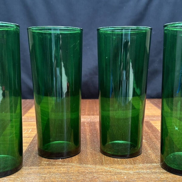 4 Antique Vintage Studio Art Glass Dark Emerald Green Tumblers w/Pontil 6 5/8"t