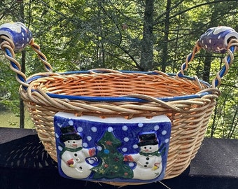 雪だるま クリスマスツリー 籐バスケット 磁器ハンドル ブルー