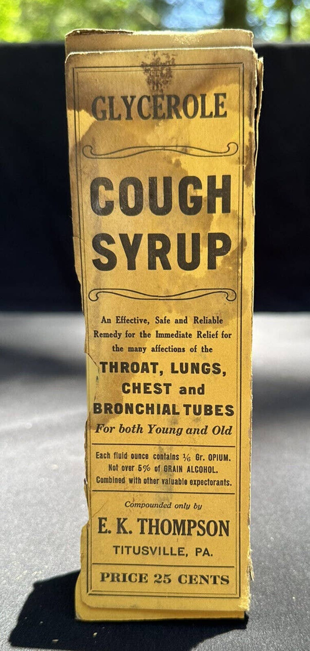 Vintage Glycerol Cough Syrup Box 1900s Titusville Pa, EK Thompson Box