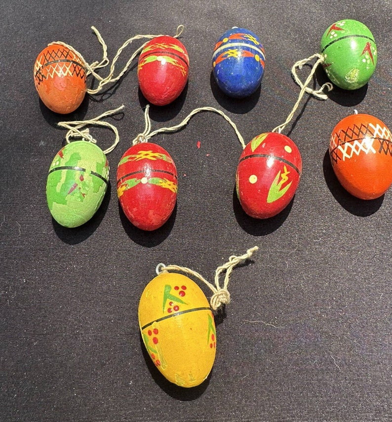 9 Vintage Germany Easter Egg Wooden Hand Painted Vintage Ornaments 5Y image 2