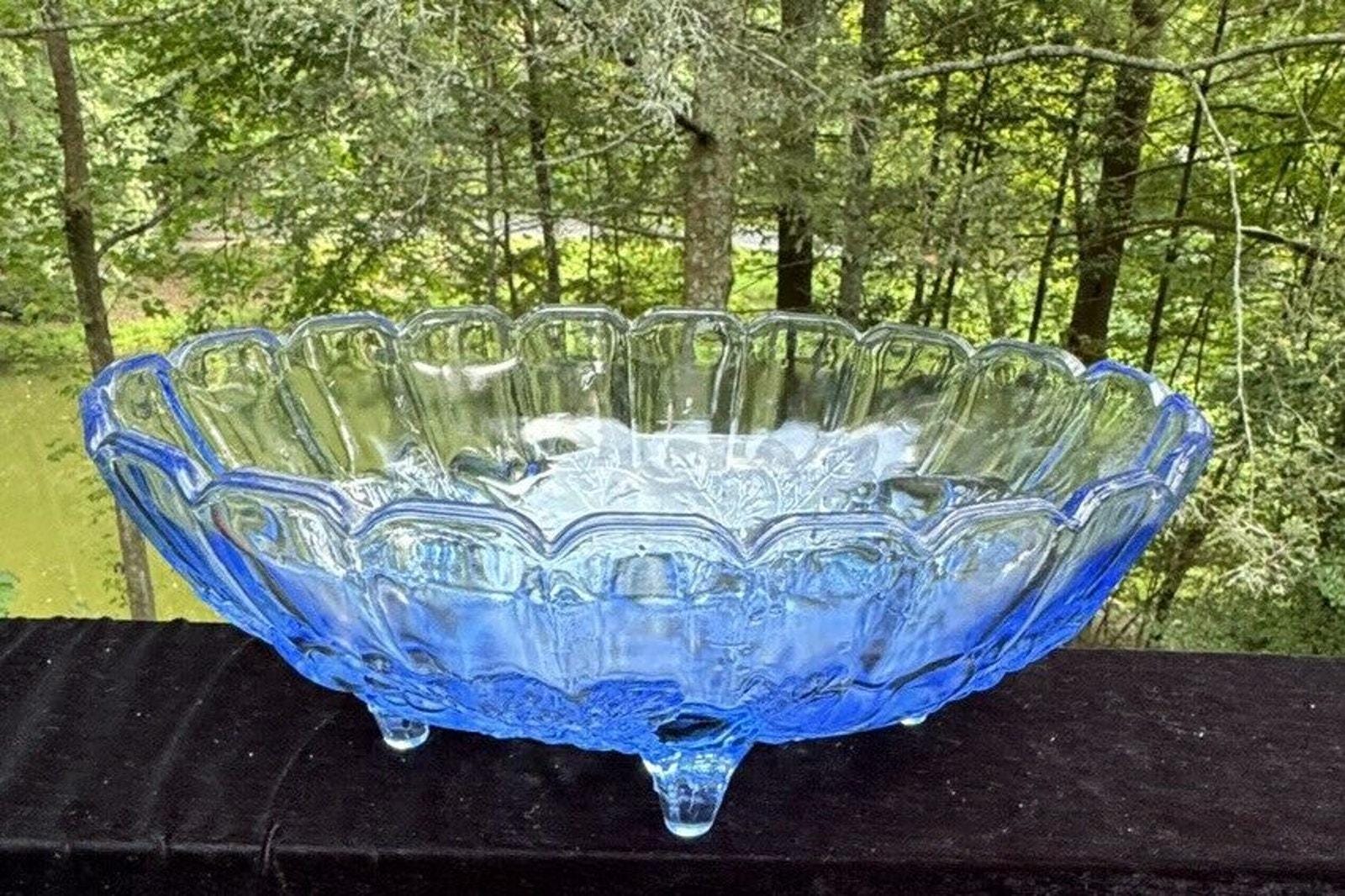 ★Vtg★Fruit Bowl Vtg Indiana Glass Ice Blue Harvest Fruit Footed Oval Bowl 12” Long