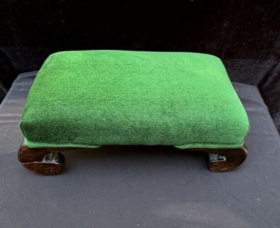 Lovely Antique Kelly Green Covered Footstool Victorian Wood Curved 