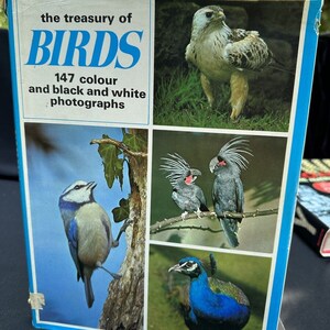 May include: A book titled "The Treasury of Birds" with a blue cover and a picture of a hawk, a bluebird, two cockatoos, and a peacock. The book features 147 color and black and white photographs.