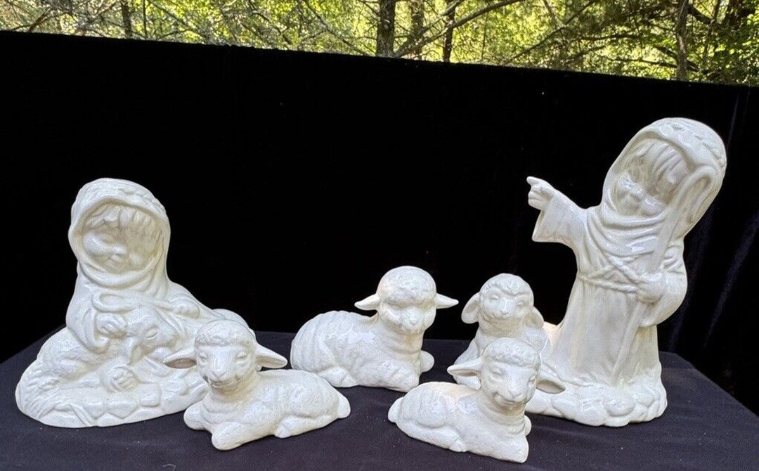 Vintage Scioto Mold Ceramic Nativity Shepard & Sheep Set in White Large