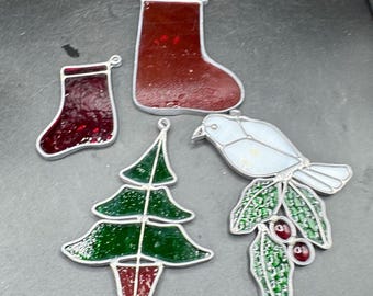 Lovely Vintage Lead Stained Glass Christmas Ornaments Sun Catcher Hand Made Stocking Christmas Tree Dove -C29