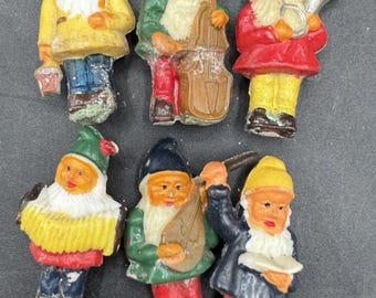 Conjunto completo de 6 figuras musicales de gnomos y elfos de plástico vintage de los años 50 - T33