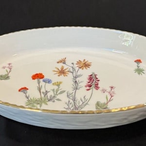 Vintage Lourioux Le Faune Wild Flower Porcelain Oval Casserole Baking Dish