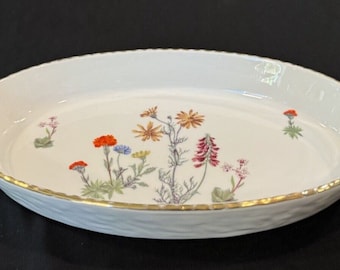 Vintage Lourioux Le Faune faitout ovale en porcelaine, fleurs sauvages