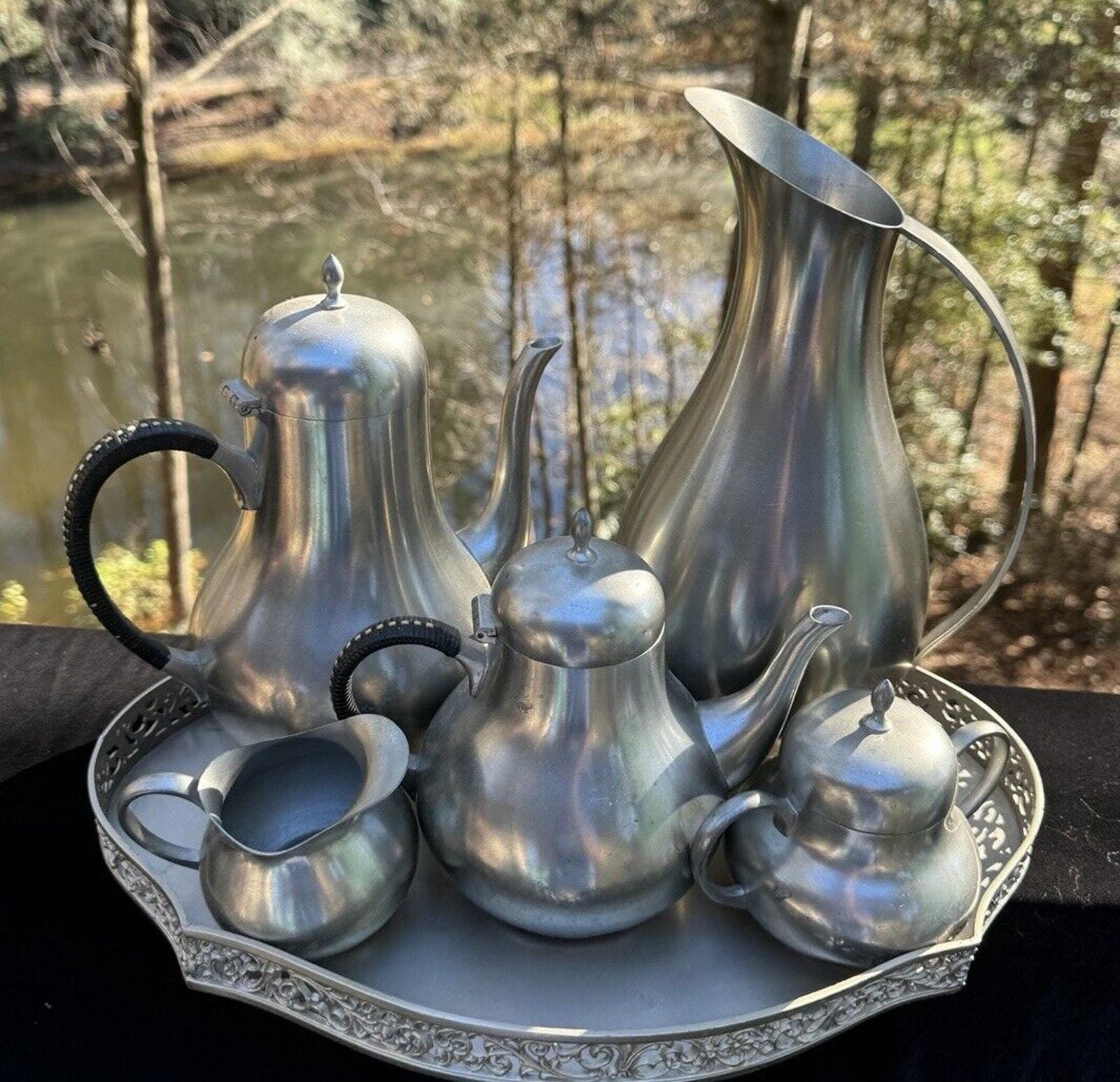 C.K. Kurz Tiel Royal Holland Pewter 2 Tea Pots & Creamer 1890 With ...