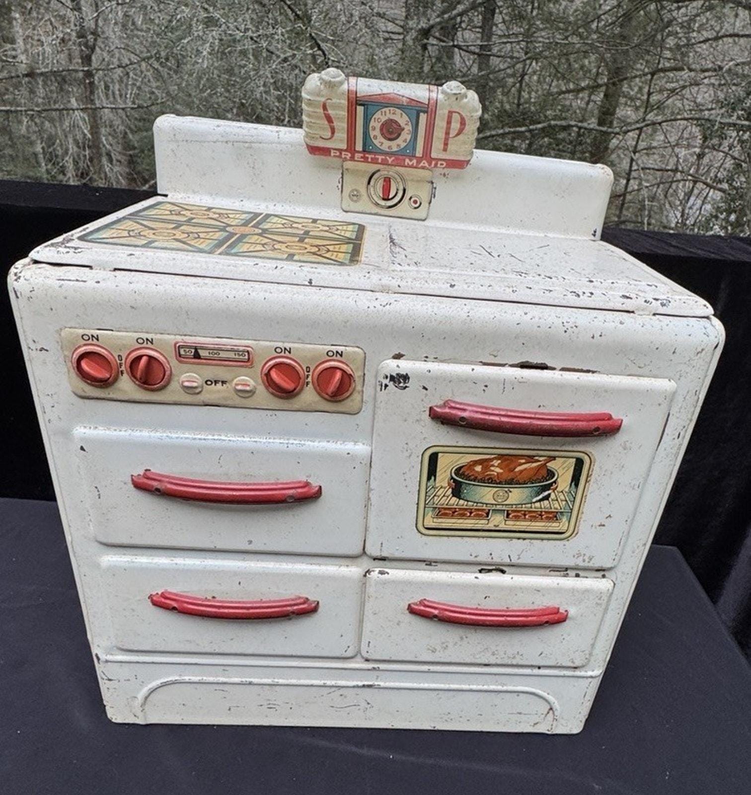 Rare 1930s Marx Pretty Maid Toy Oven Metal Enamel Tin Range