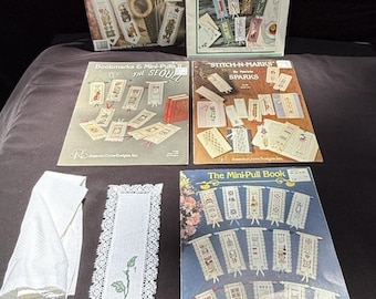 Marcapáginas vintage de los años 80, libros, punto de cruz contado, lote de 6 libros y tela -2