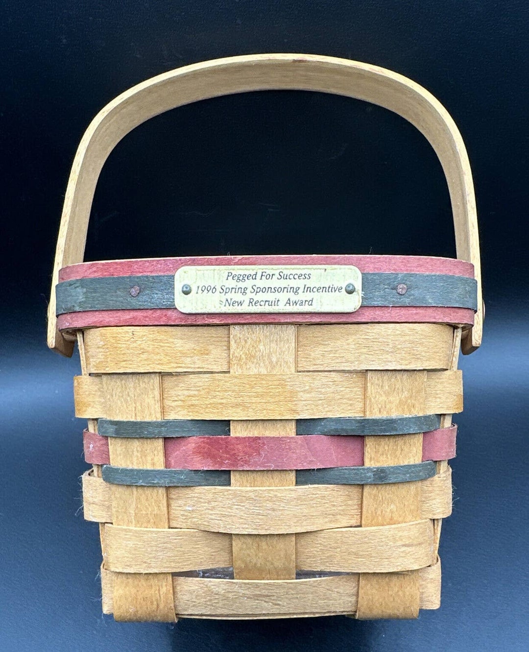 Longaberger TEASPOON BASKET With Swing Handle Red & Green Weaving Rare