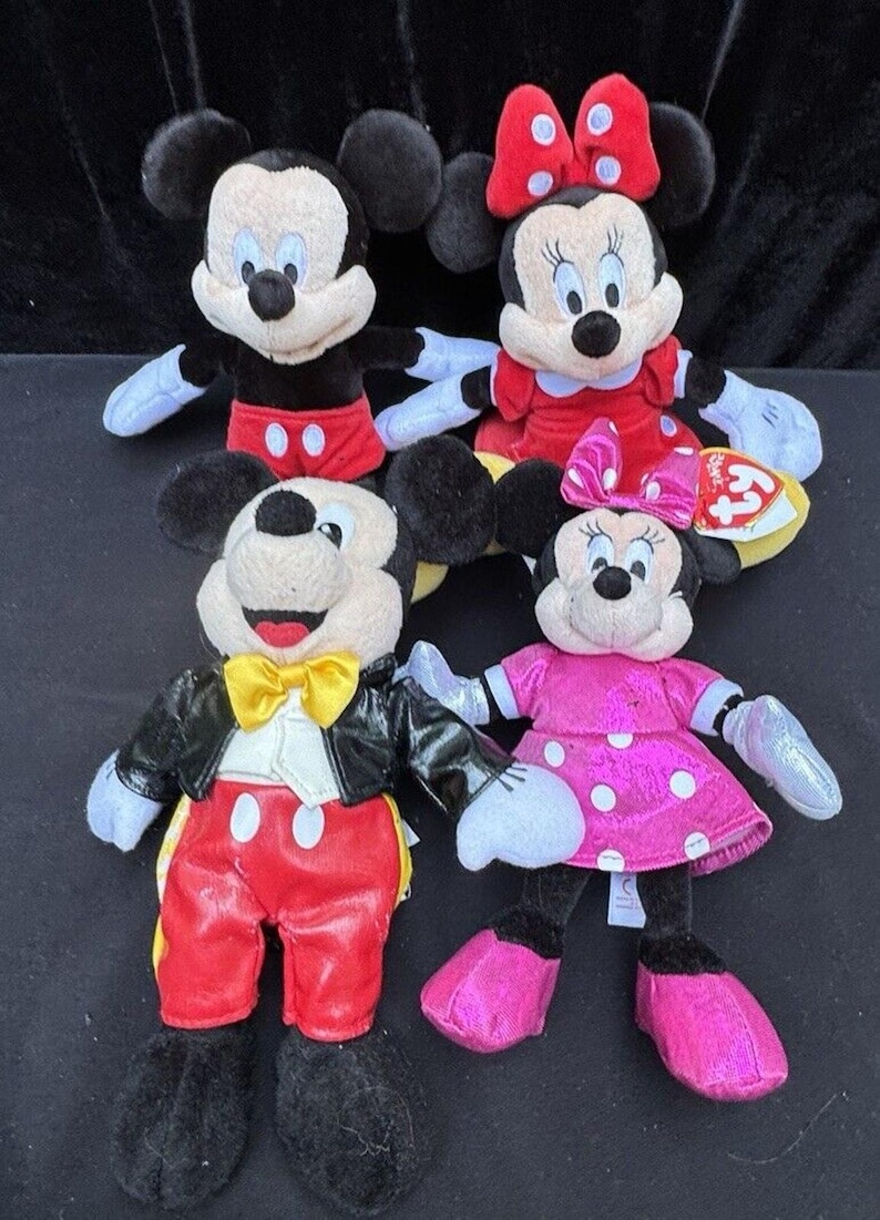 4 Disney Mickey & Minnie Mouse Bowtie Tails Plush Stuffed Animals Red and Pink image 2