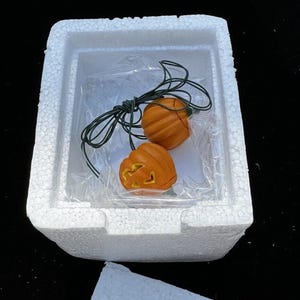 Pode incluir: Duas luzes de abóbora laranja com rostos esculpidos estão dentro de uma caixa de isopor branca. As luzes são conectadas por um fio verde.