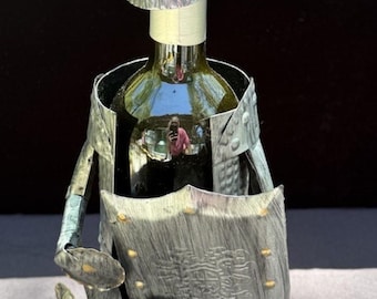 Vtg Medieval Handcrafted Metal Knight In Armor Bottle Wine Bottle Holder