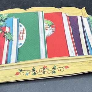 Seltene 1950er Vtg Eine künstlerische Karte Musikbücher auf Regal Weihnachtskarte 4-teilig S1T