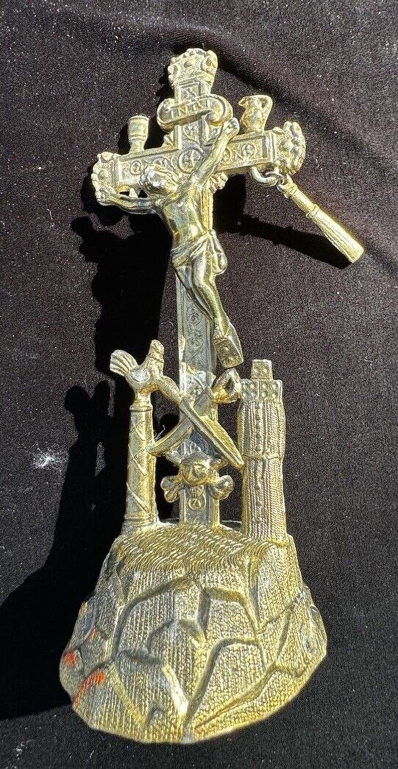 Antique Brass Arma Christi Memento Mori Crucifix Beautiful Easter Blessing A10 image 1