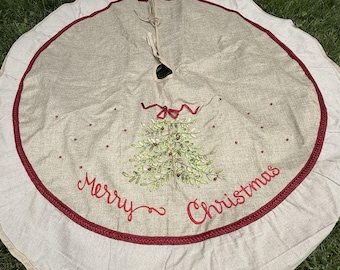 Embroidered Christmas Tree Skirt Woven Decorative Burlap Look 48” Tie Close Mint